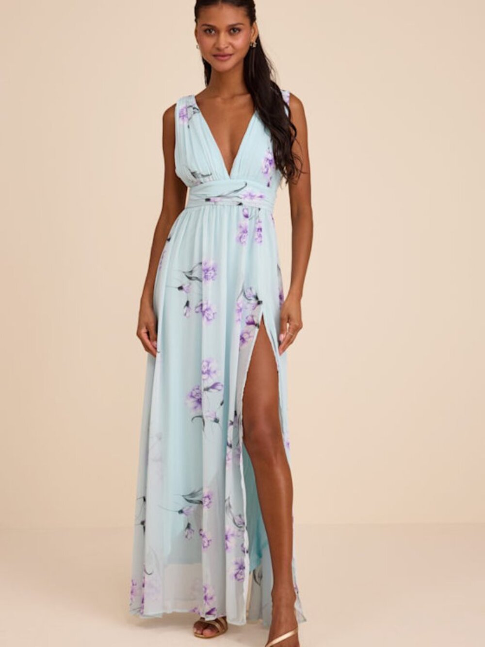 Lulus Garden Meandering Mint Blue Floral Print Maxi Dress - Size M